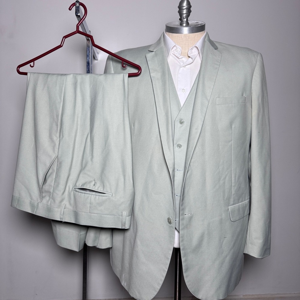 Alain Dupetit Mens 3 Piece Suit Mint Green 52L Jacket‎ 46W